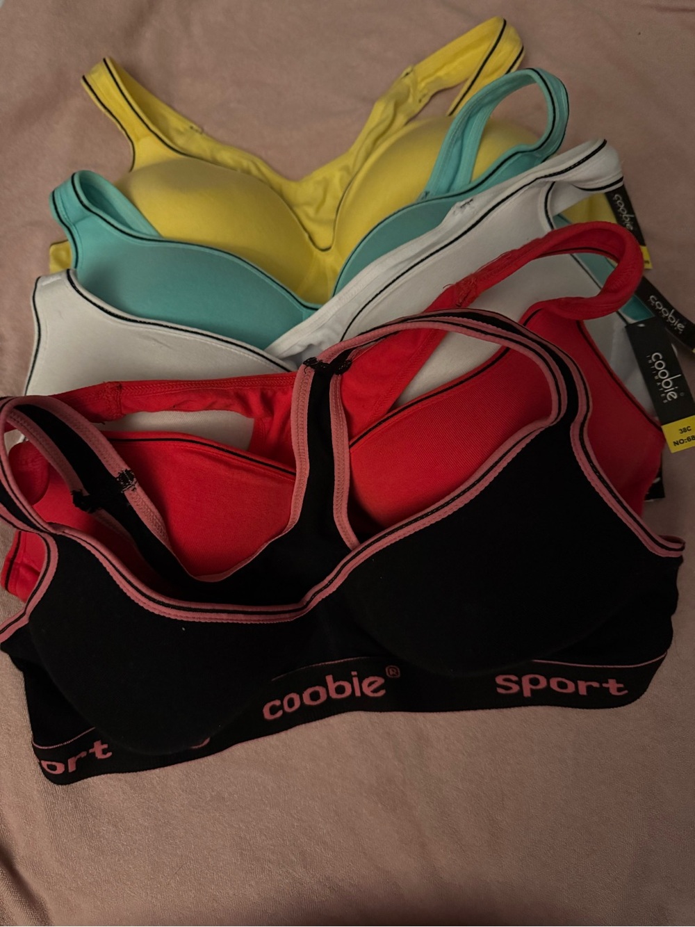 coobie Multi-Pack Sports Bras in Black, Red, White, Teal & Yellow